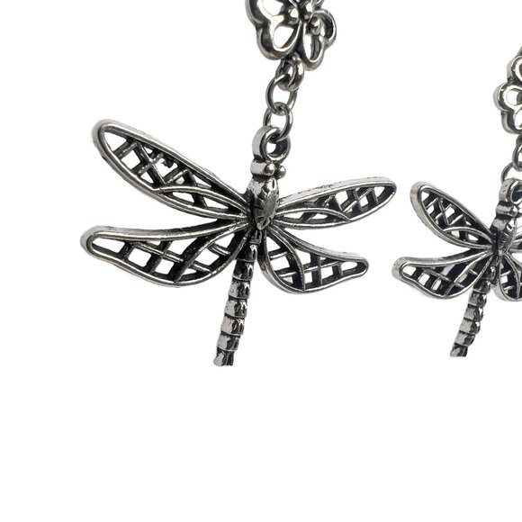 Dragonfly Dangle Earrings Flower Ear Wires Antique Silver Tone - Picture 2 of 8